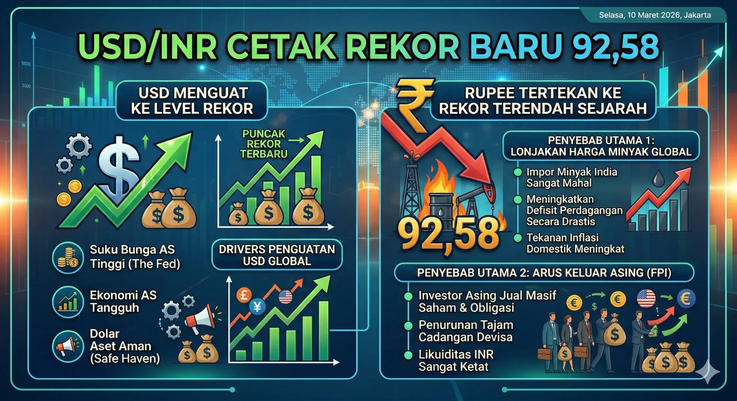 USD/INR Cetak Rekor Baru 92,58, Rupee Tertekan Lonjakan Harga Minyak dan Arus Keluar Asing