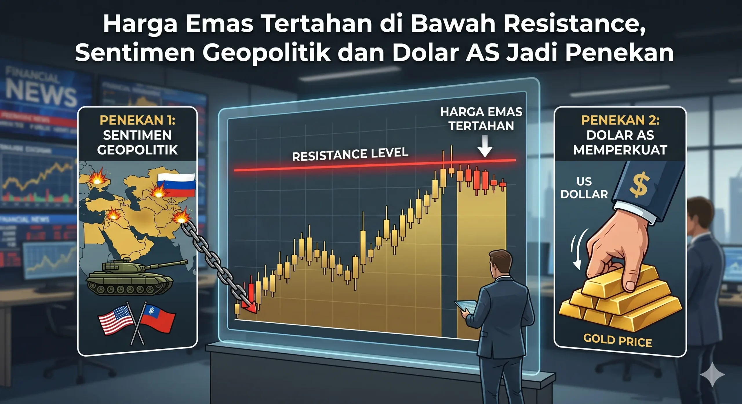 Harga Emas Tertahan di Bawah Resistance, Sentimen Geopolitik dan Dolar AS Jadi Penekan